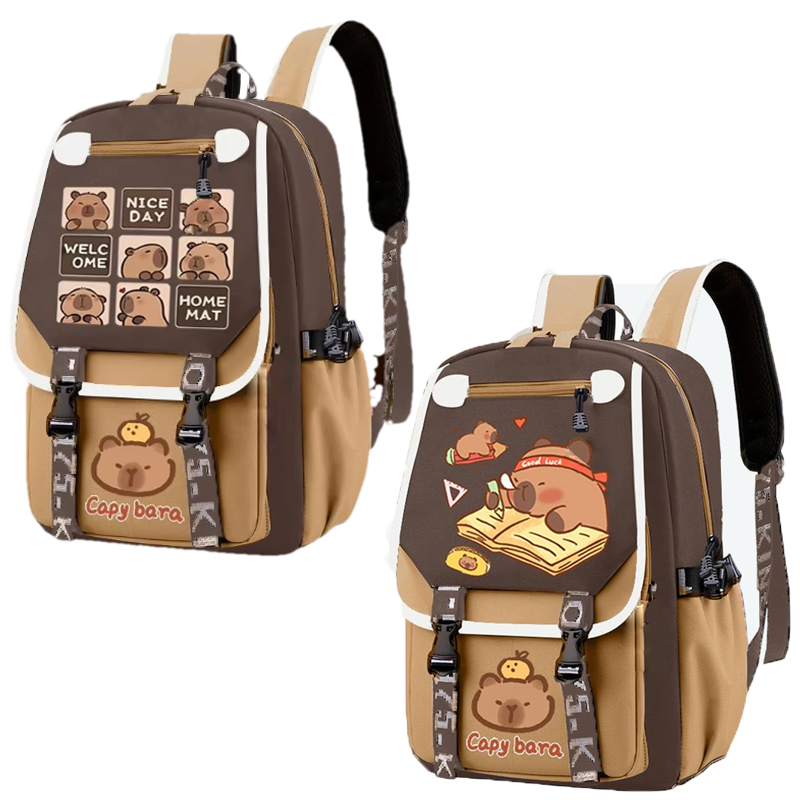 School Backpack Teen - Kawaii Capybara élégant kaki enfant sac